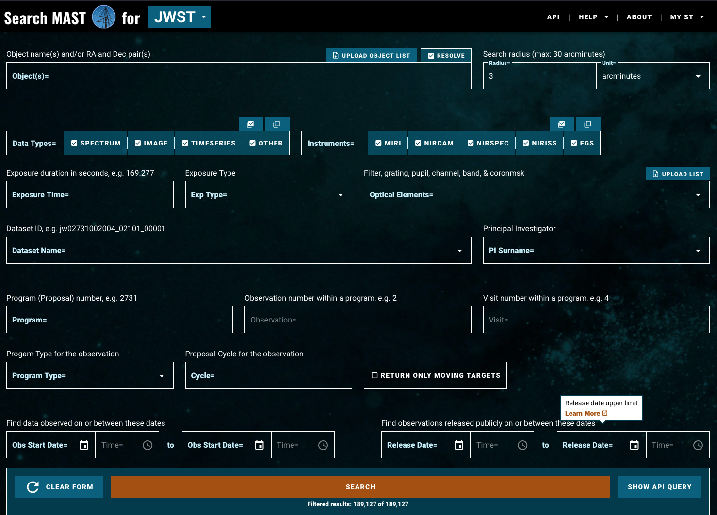 JWST Mission Search user interface